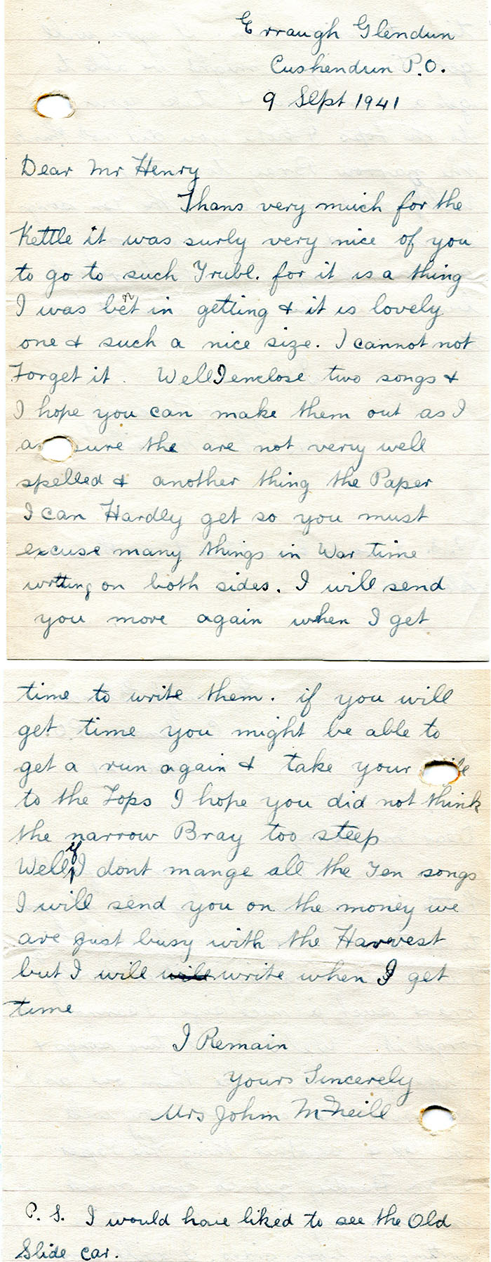 Letter from Mrs John Roe McNeill to Sam Henry